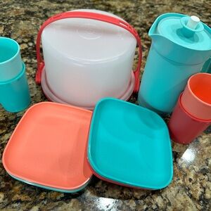 12 piece Tupperware Coral and Turquoise Kids Serveware Set